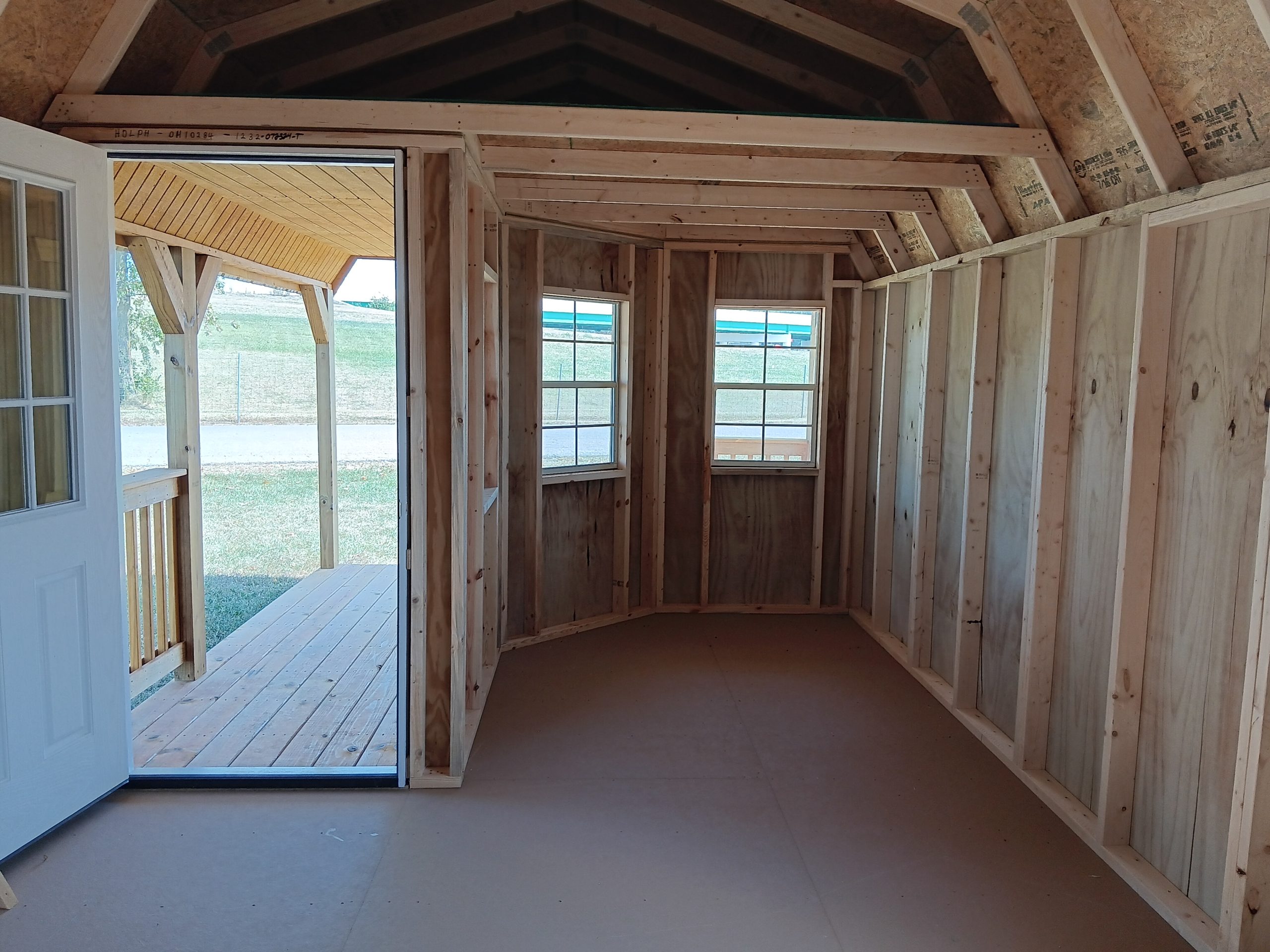Cabin shell interior looking toward the porch